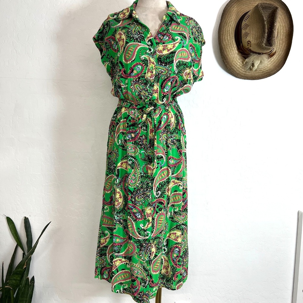 Alison Andrews Green Paisley Rayon Shirt Dress Tie Waist Cap Sleeve Midi Sz S
